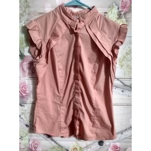 Worthington pink button up ruffle sleeve top S